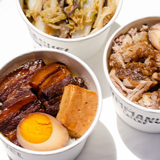 Taiwan comfort food, stewed pork belly, pulled duck and stewed wombok served in takeaway containers